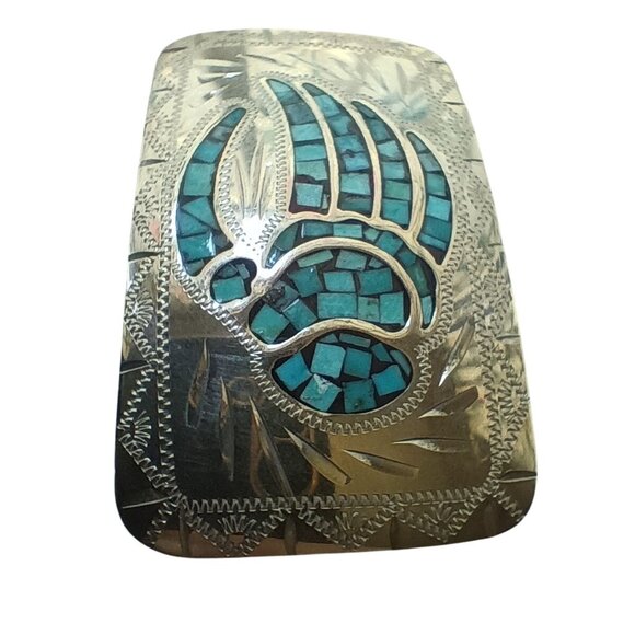 Johnson & Held Vintage Handcrafted Silver Belt Buckle Turquoise Inlay Bear Paw - Picture 6 of 9